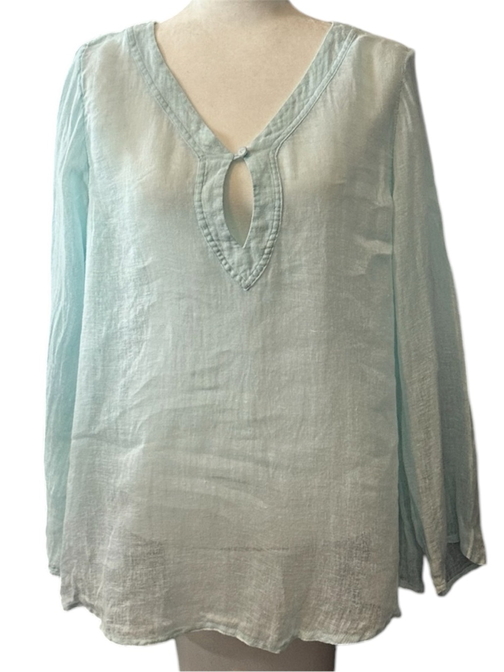 Eileen Fisher Sheer Linen Pale Aqua Long-Sleeve Keyhole Tunic